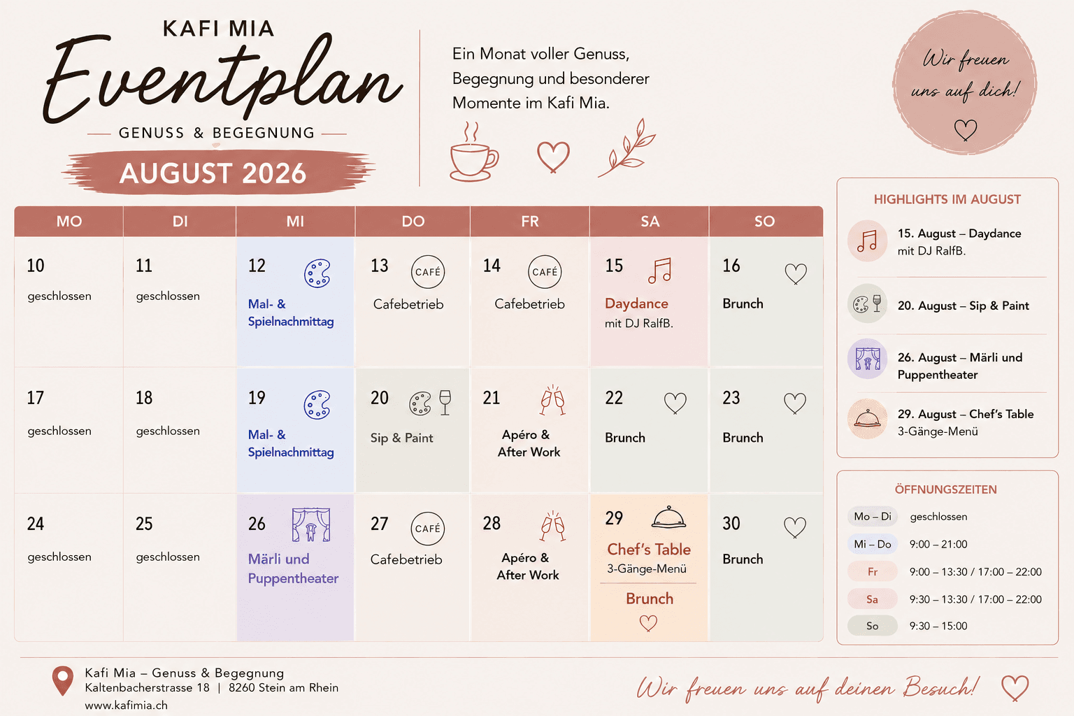 August im Kafi Mia - unser Eventplan ist da!